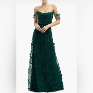 NWOT Dessy Collection Green 3D Embroidered Off-Shoulder Gown, Size 4